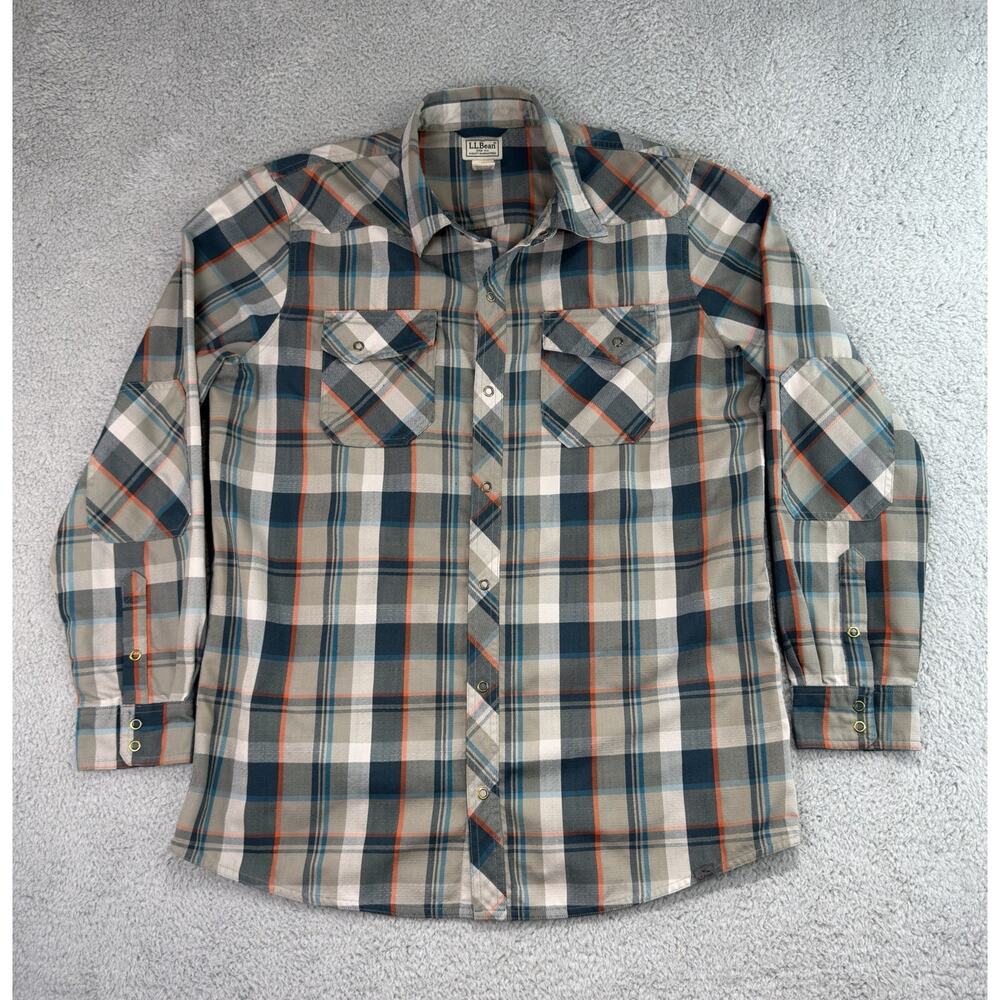 LL Bean Katahdin Performance Flannel Shirt Men's Large Tall Plaid Snap On Button